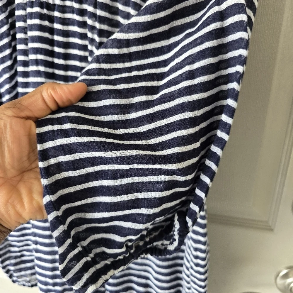J Crew Sheeer Blouse  Medium Women Navy Blue White Striped Cotton See Thru